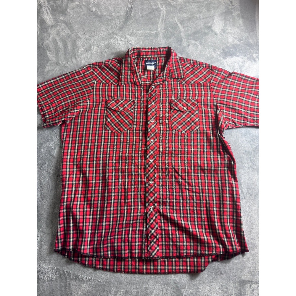 Wrangler Western Shirt Mens 2XT Tall Red Plaid Pearl Snap Short Sleeve - Picture 2 of 8